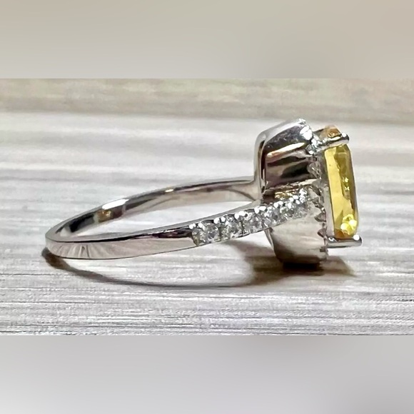 Sterling Silver Canary Yellow Citrine & Cubic Zirconia Halo Ring, Size 6 - Picture 4 of 9